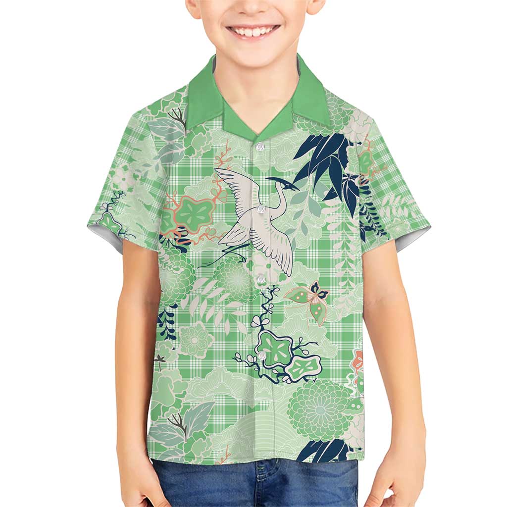 Green Palaka Crane and Flowers Kid Hawaiian Shirt Japan Heritage Spirit - Polynesian Pride