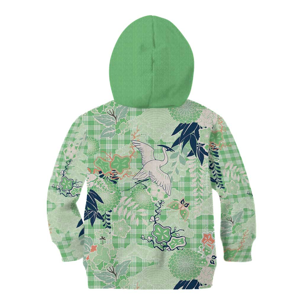 Green Palaka Crane and Flowers Kid Hoodie Japan Heritage Spirit - Polynesian Pride