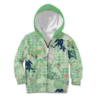 Green Palaka Crane and Flowers Kid Hoodie Japan Heritage Spirit - Polynesian Pride