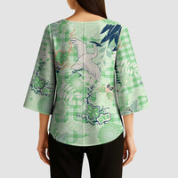 Green Palaka Crane and Flowers Kimono Sleeve Blouse Japan Heritage Spirit - Polynesian Pride