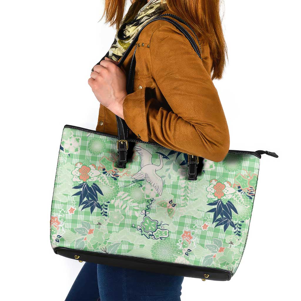 Green Palaka Crane and Flowers Leather Tote Bag Japan Heritage Spirit - Polynesian Pride