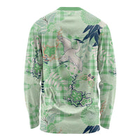 Green Palaka Crane and Flowers Long Sleeve Shirt Japan Heritage Spirit - Polynesian Pride