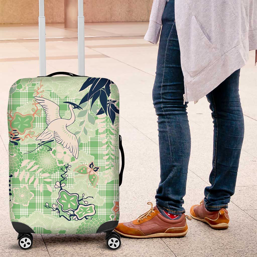 Green Palaka Crane and Flowers Luggage Cover Japan Heritage Spirit LT9 Green - Polynesian Pride