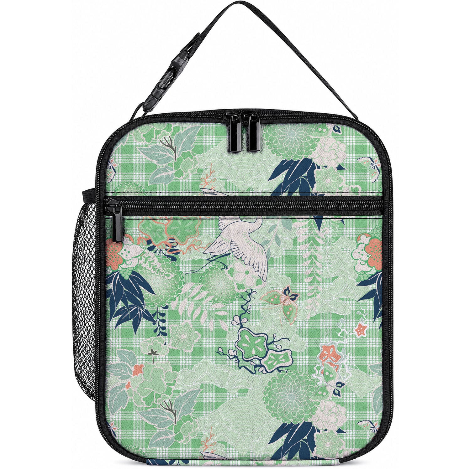 Green Palaka Crane and Flowers Lunch Bag Japan Heritage Spirit LT9 10.2 × 8.3 × 4.3 inch Green - Polynesian Pride