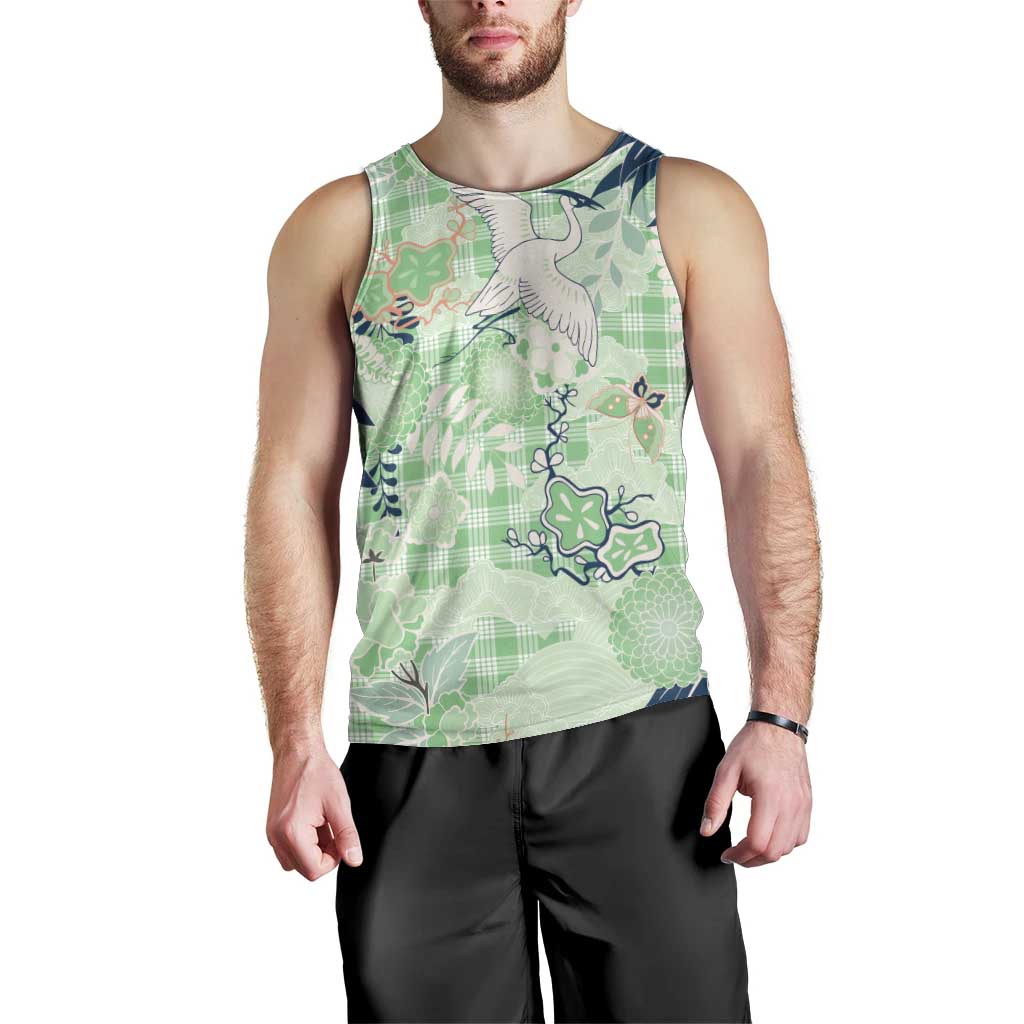 Green Palaka Crane and Flowers Men Tank Top Japan Heritage Spirit - Polynesian Pride