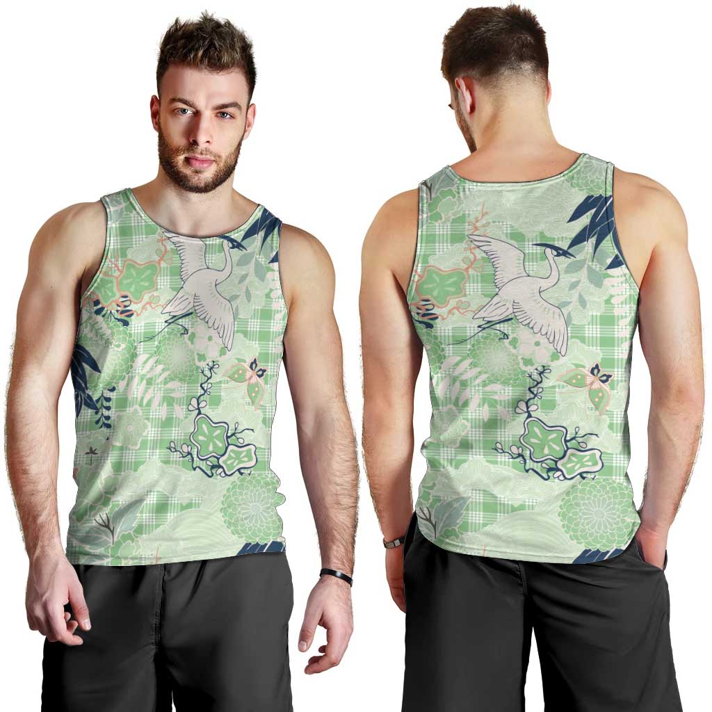 Green Palaka Crane and Flowers Men Tank Top Japan Heritage Spirit - Polynesian Pride