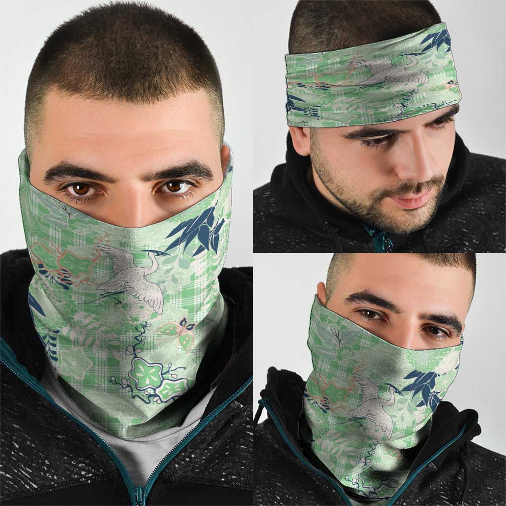 Green Palaka Crane and Flowers Neck Gaiter Japan Heritage Spirit - Polynesian Pride
