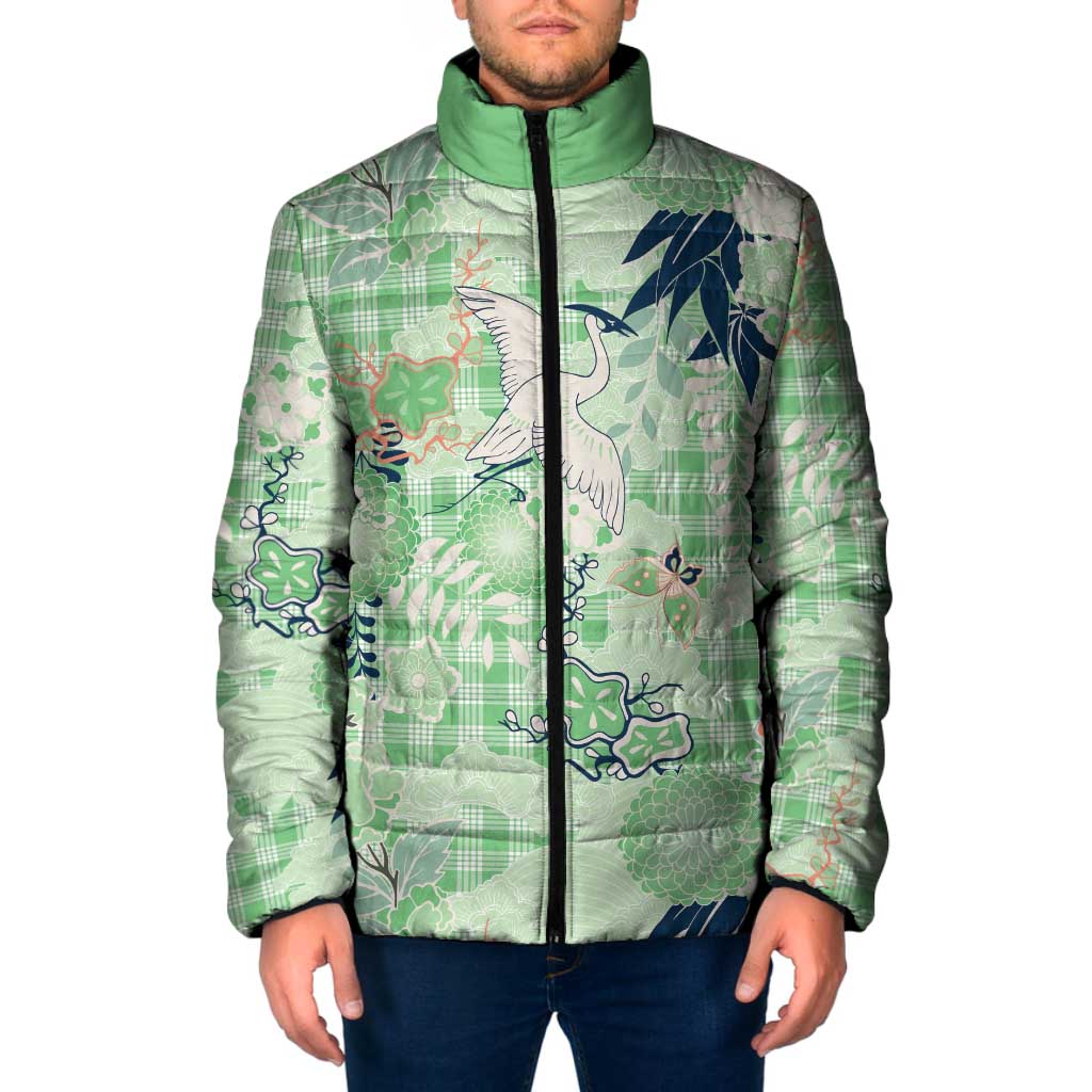 Green Palaka Crane and Flowers Padded Jacket Japan Heritage Spirit - Polynesian Pride