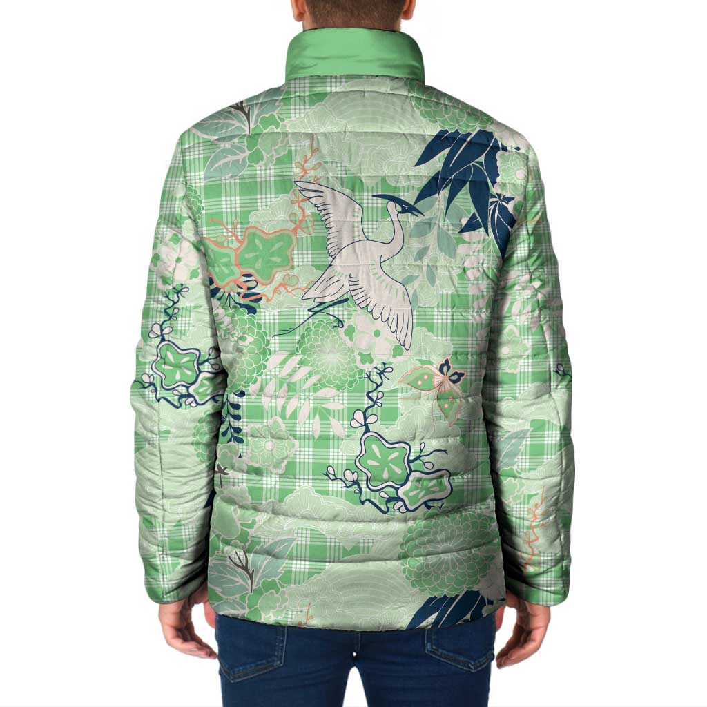 Green Palaka Crane and Flowers Padded Jacket Japan Heritage Spirit - Polynesian Pride