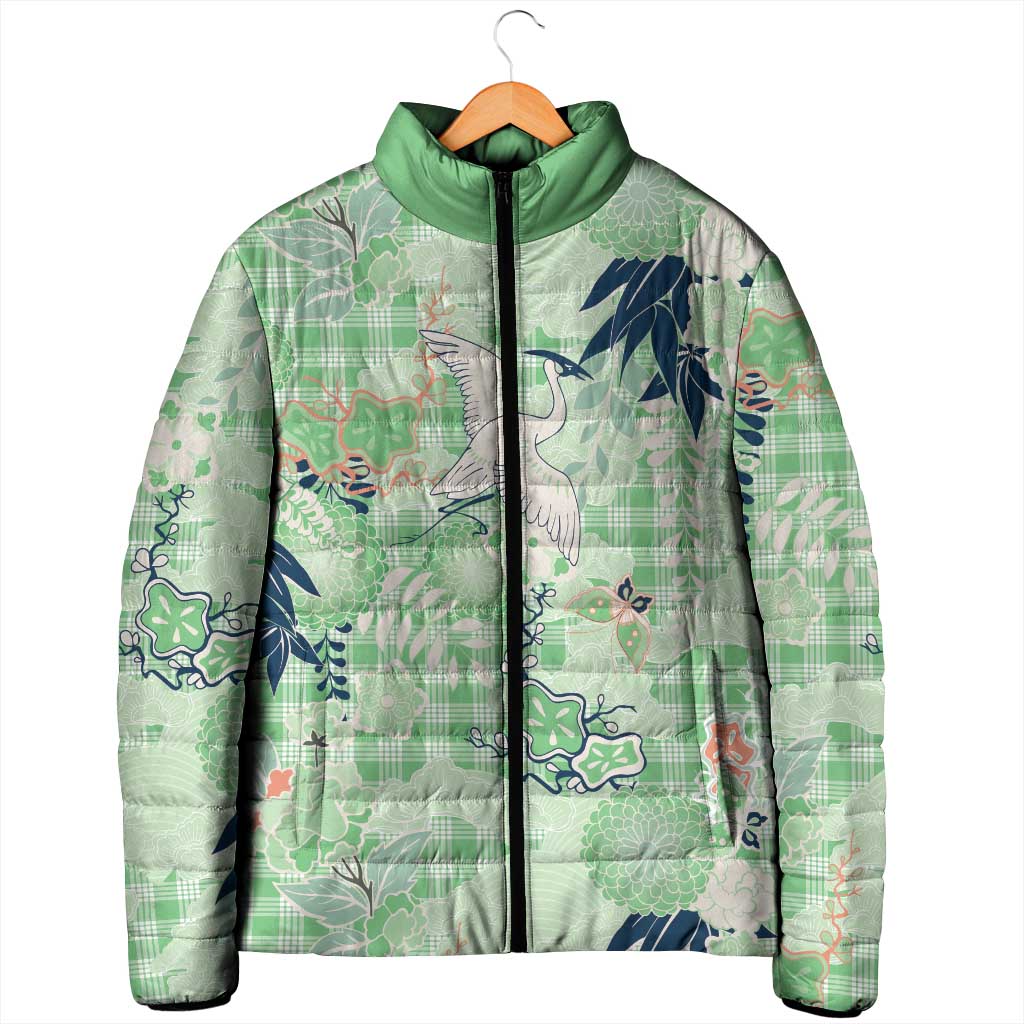 Green Palaka Crane and Flowers Padded Jacket Japan Heritage Spirit - Polynesian Pride
