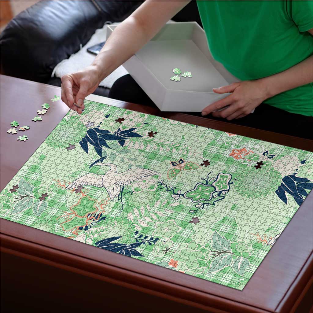 Green Palaka Crane and Flowers Puzzle Japan Heritage Spirit - Polynesian Pride