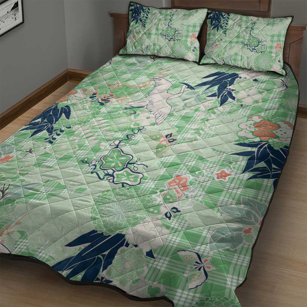 Green Palaka Crane and Flowers Quilt Bed Set Japan Heritage Spirit - Polynesian Pride