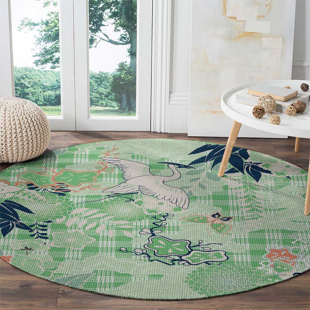 Green Palaka Crane and Flowers Round Carpet Japan Heritage Spirit - Polynesian Pride