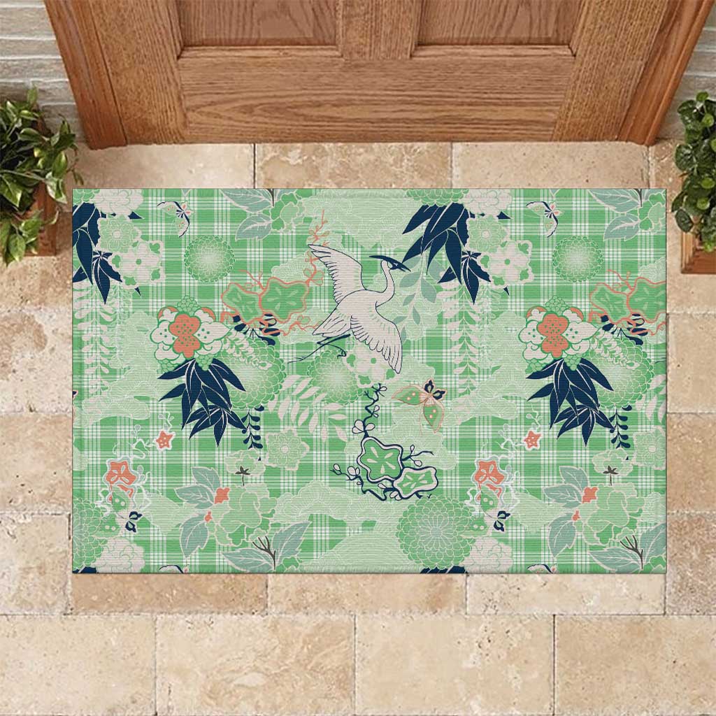 Green Palaka Crane and Flowers Rubber Doormat Japan Heritage Spirit - Polynesian Pride