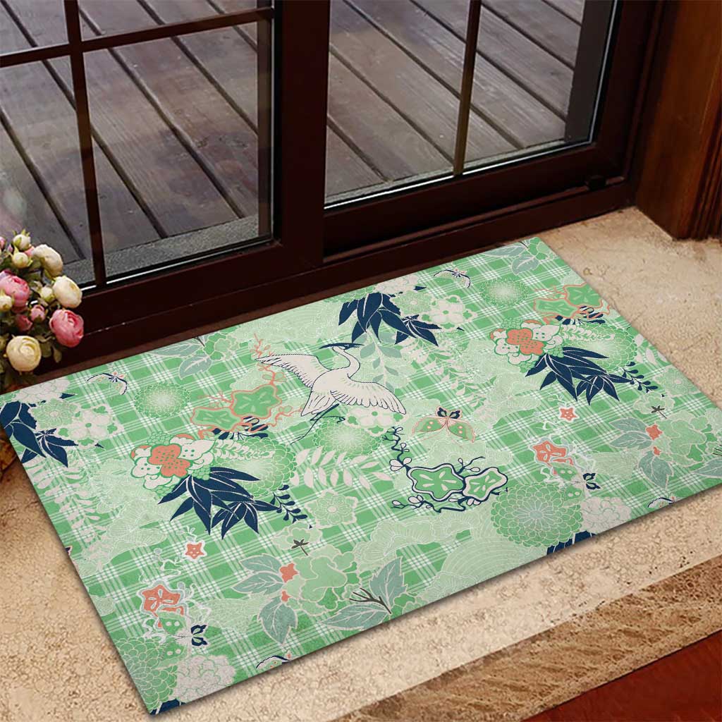 Green Palaka Crane and Flowers Rubber Doormat Japan Heritage Spirit - Polynesian Pride
