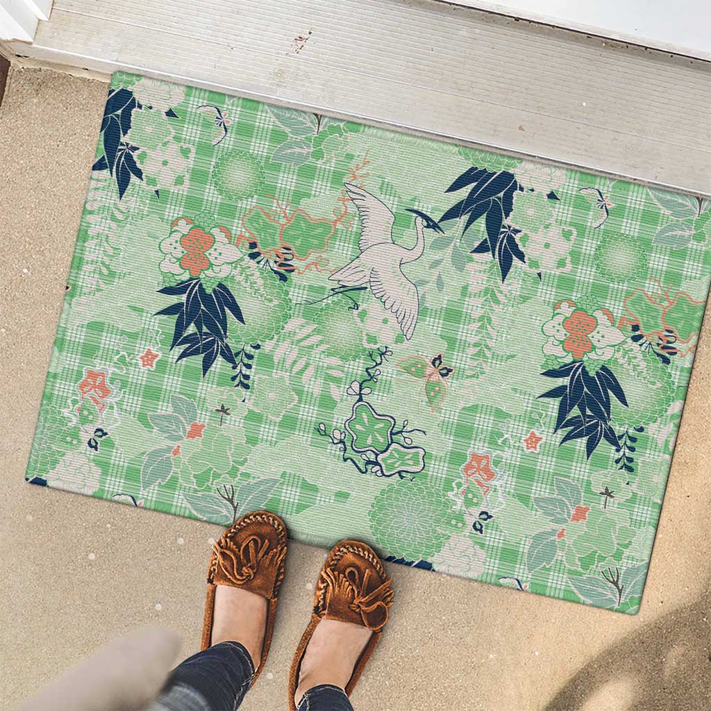 Green Palaka Crane and Flowers Rubber Doormat Japan Heritage Spirit - Polynesian Pride