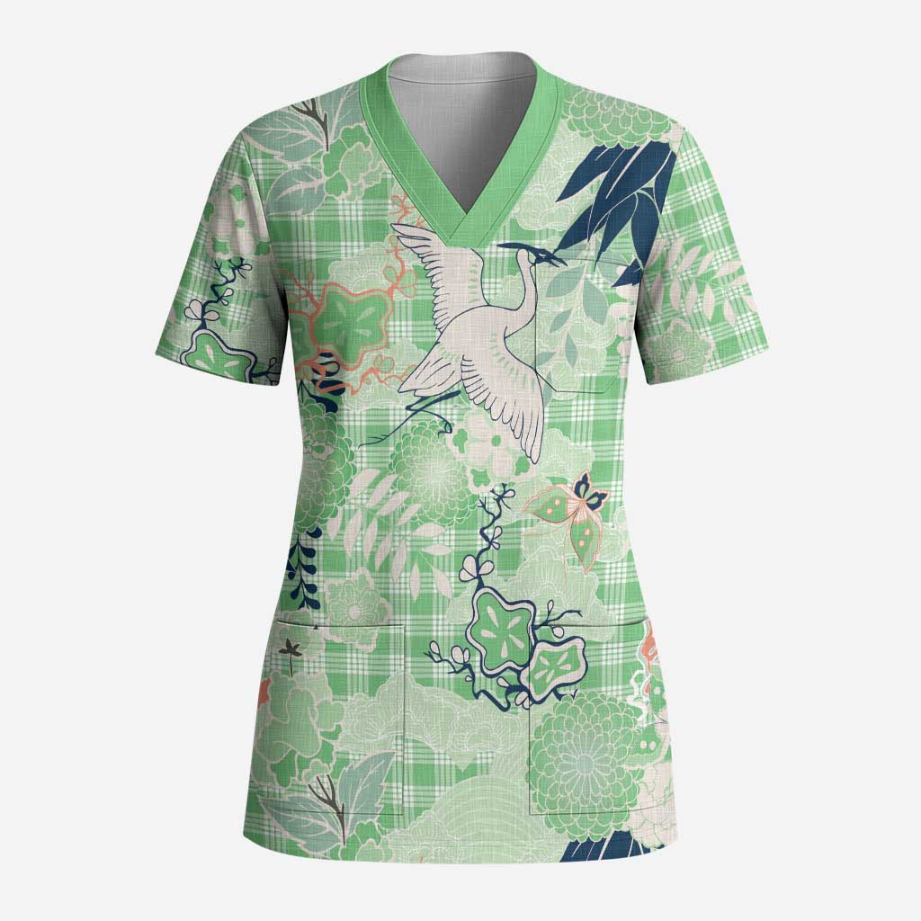 Green Palaka Crane and Flowers Scrub Top Japan Heritage Spirit LT9 Adult Green - Polynesian Pride