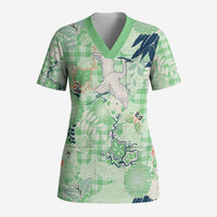 Green Palaka Crane and Flowers Scrub Top Japan Heritage Spirit LT9 Adult Green - Polynesian Pride