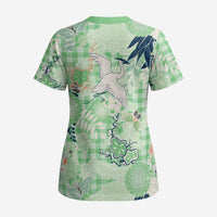 Green Palaka Crane and Flowers Scrub Top Japan Heritage Spirit LT9 - Polynesian Pride