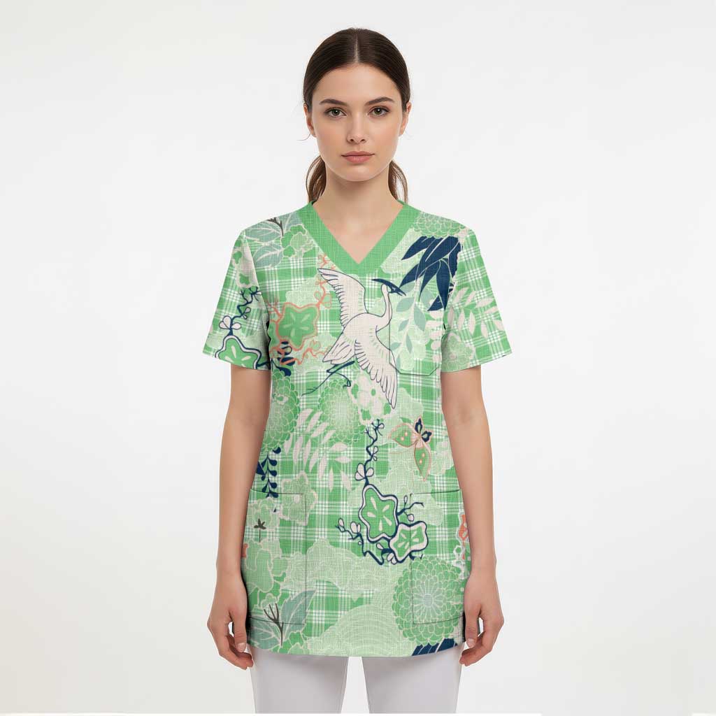 Green Palaka Crane and Flowers Scrub Top Japan Heritage Spirit LT9 - Polynesian Pride