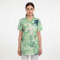 Green Palaka Crane and Flowers Scrub Top Japan Heritage Spirit LT9 - Polynesian Pride