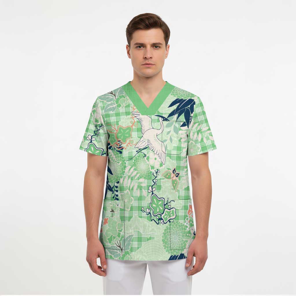 Green Palaka Crane and Flowers Scrub Top Japan Heritage Spirit LT9 - Polynesian Pride