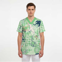 Green Palaka Crane and Flowers Scrub Top Japan Heritage Spirit LT9 - Polynesian Pride