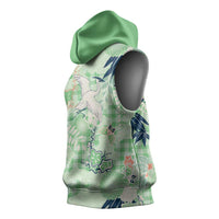 Green Palaka Crane and Flowers Sleeveless Hoodie Japan Heritage Spirit - Polynesian Pride