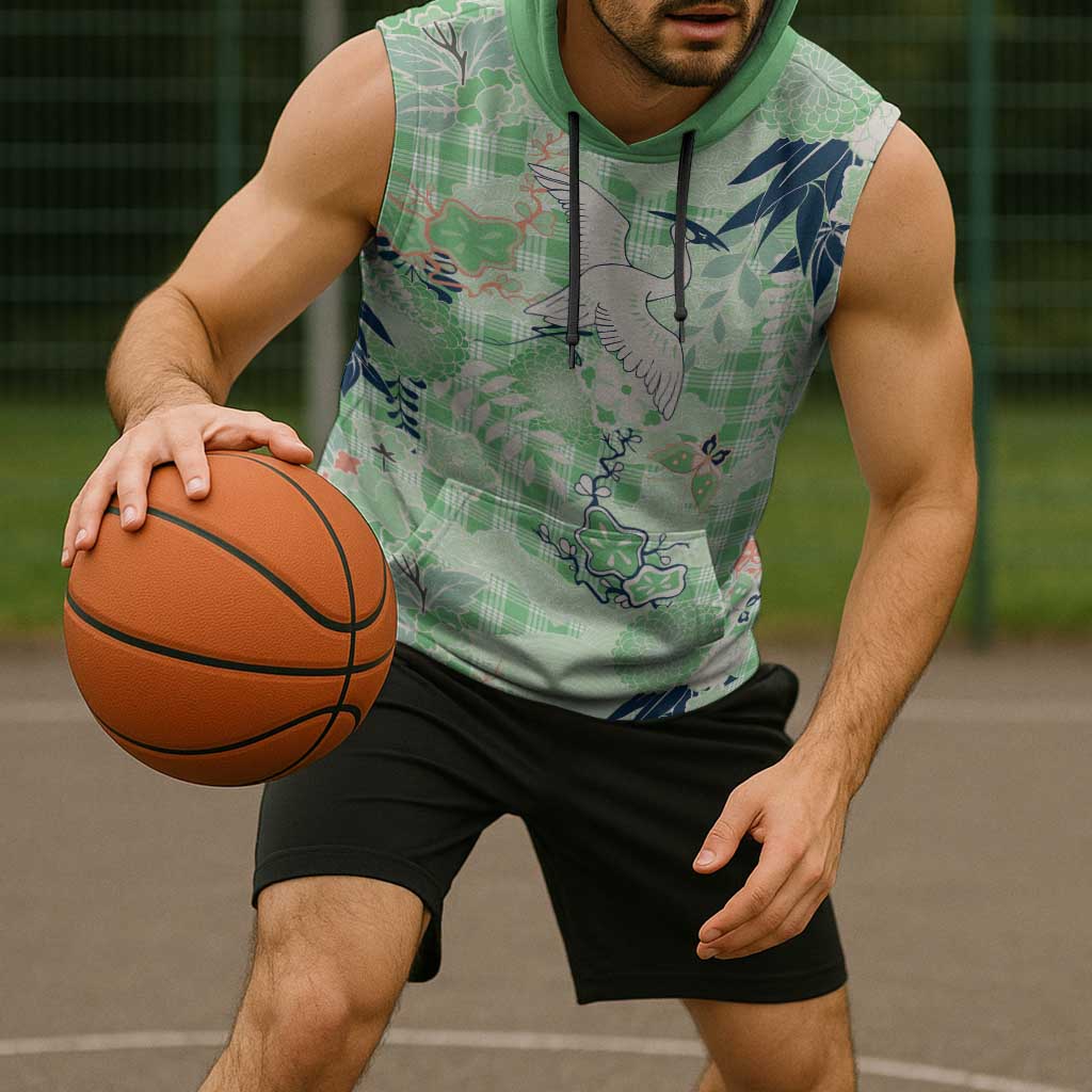 Green Palaka Crane and Flowers Sleeveless Hoodie Japan Heritage Spirit - Polynesian Pride