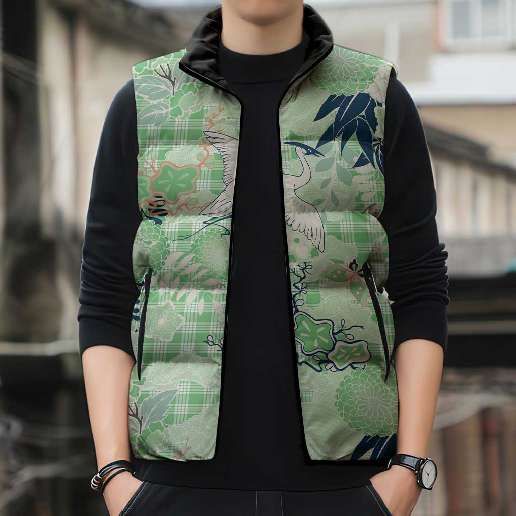 Green Palaka Crane and Flowers Sleeveless Puffer Jacket Japan Heritage Spirit - Polynesian Pride