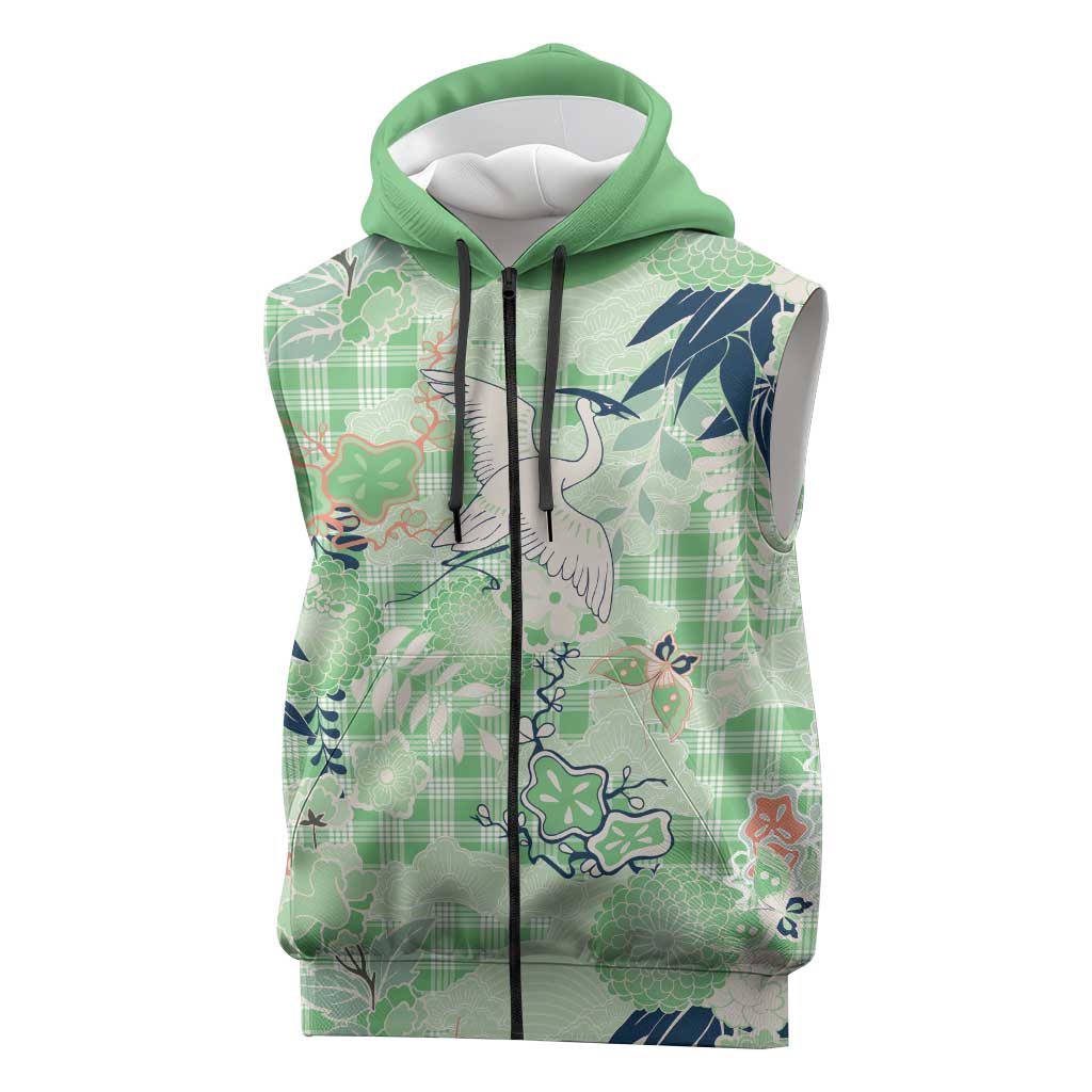 Green Palaka Crane and Flowers Sleeveless Zip Hoodie Japan Heritage Spirit LT9 Green - Polynesian Pride