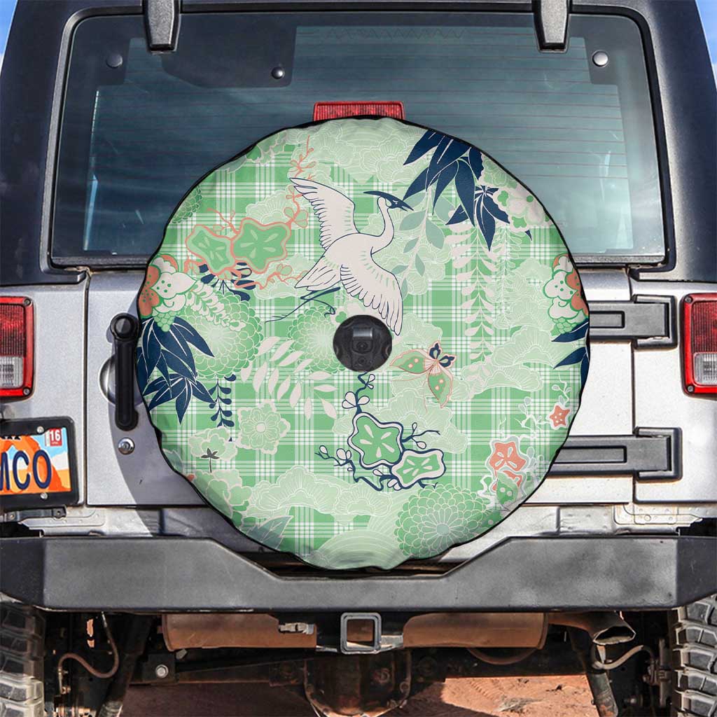 Green Palaka Crane and Flowers Spare Tire Cover Japan Heritage Spirit LT9 Green - Polynesian Pride