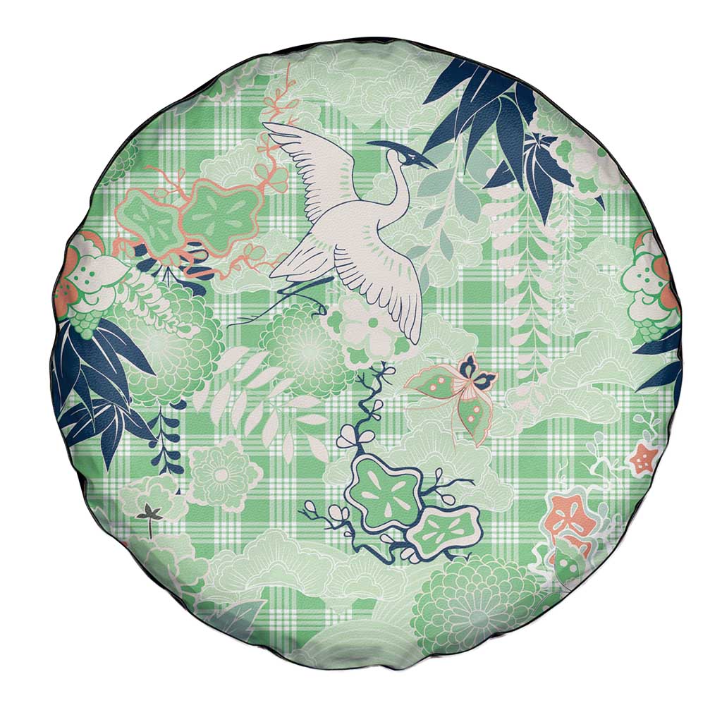 Green Palaka Crane and Flowers Spare Tire Cover Japan Heritage Spirit LT9 - Polynesian Pride