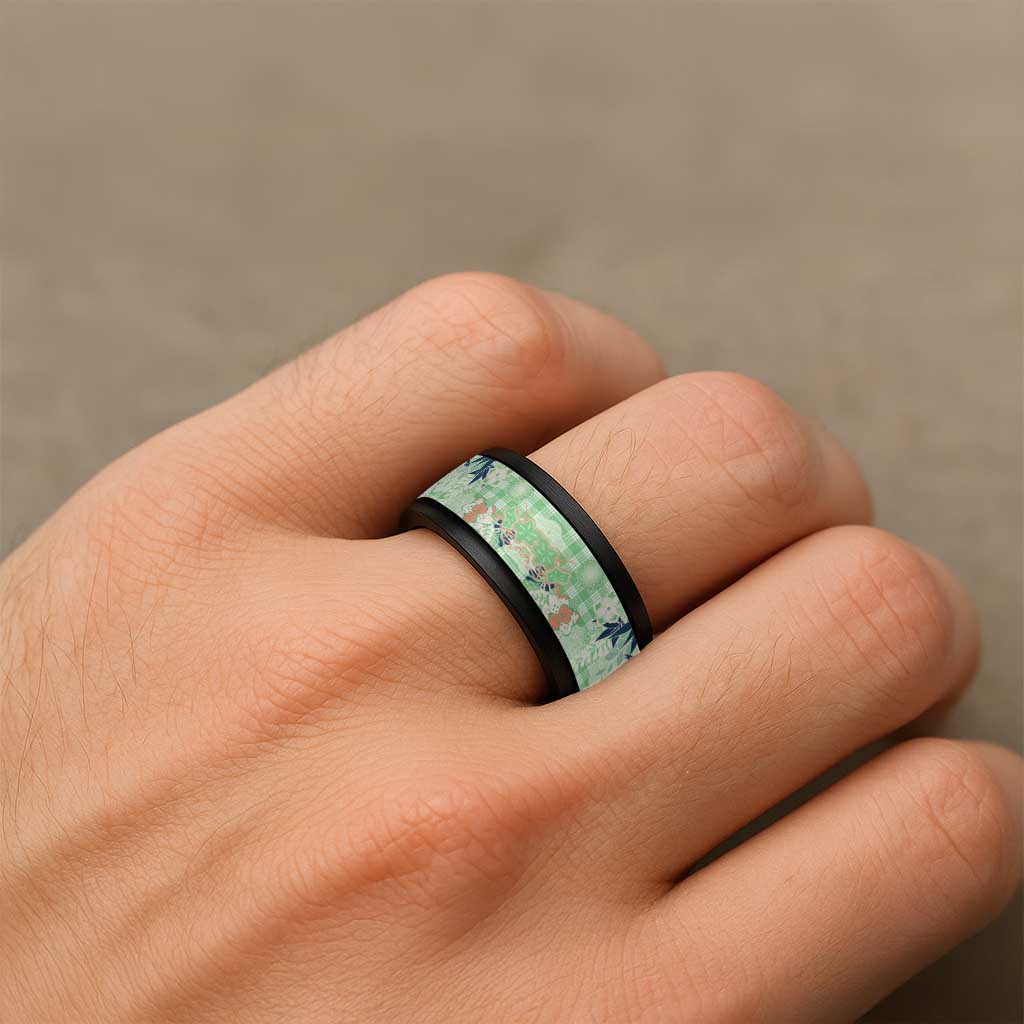 Green Palaka Crane and Flowers Spinner Ring Japan Heritage Spirit - Polynesian Pride