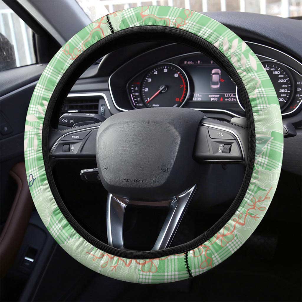 Green Palaka Crane and Flowers Steering Wheel Cover Japan Heritage Spirit LT9 - Polynesian Pride