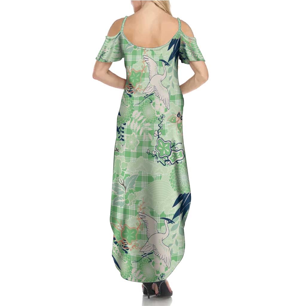 Green Palaka Crane and Flowers Summer Maxi Dress Japan Heritage Spirit LT9 - Polynesian Pride