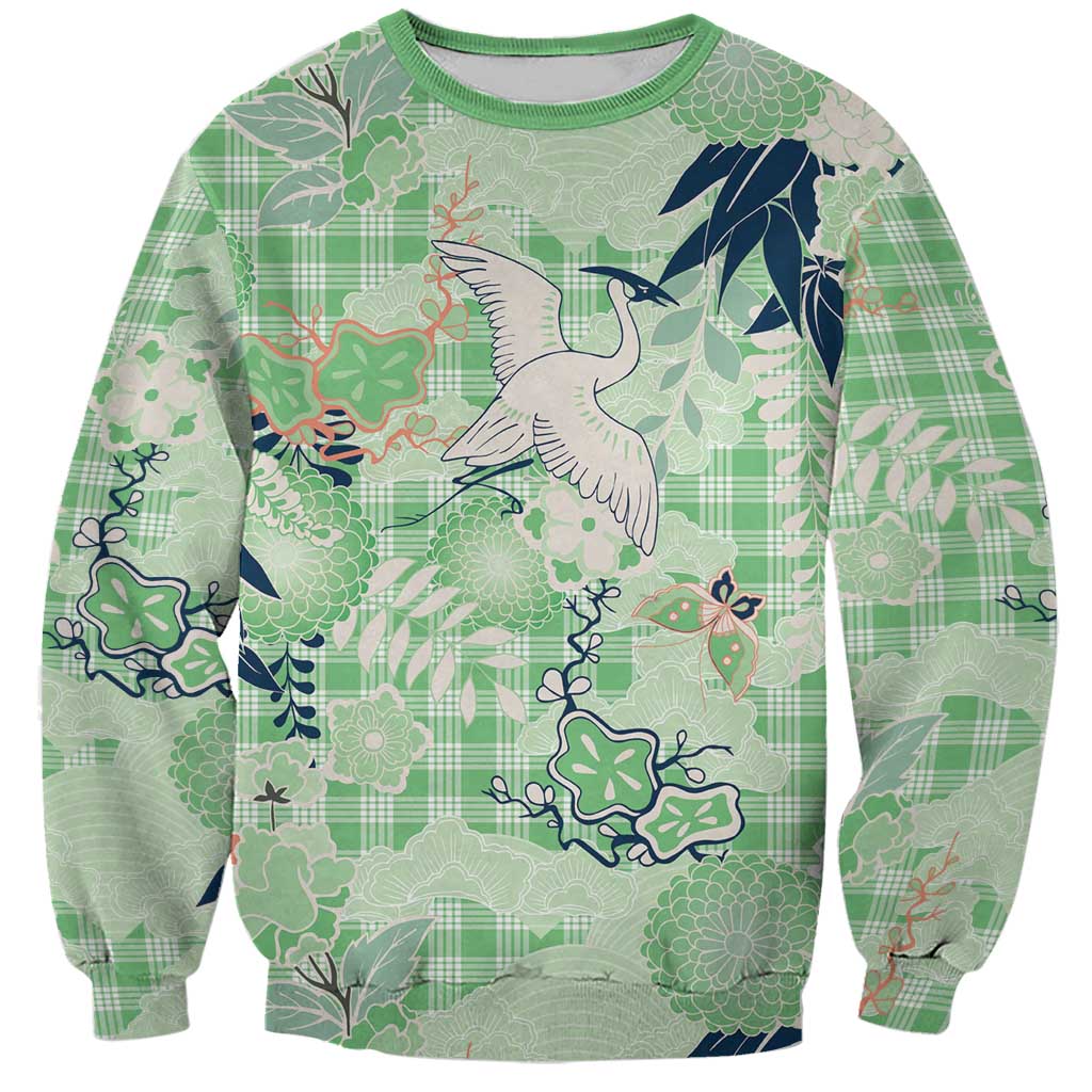 Green Palaka Crane and Flowers Sweatshirt Japan Heritage Spirit - Polynesian Pride