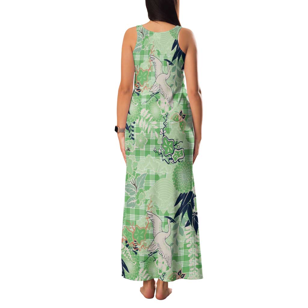 Green Palaka Crane and Flowers Tank Maxi Dress Japan Heritage Spirit LT9 - Polynesian Pride