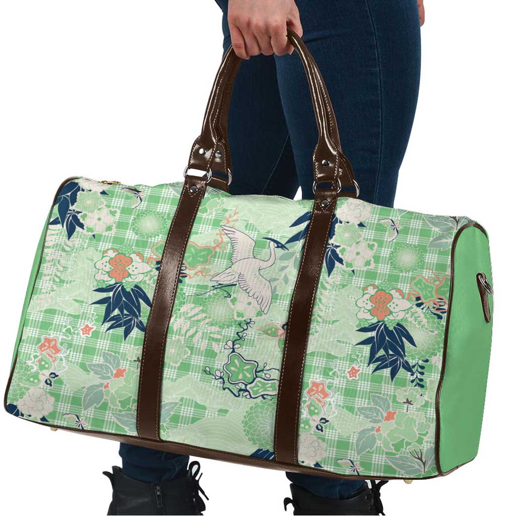 Green Palaka Crane and Flowers Travel Bag Japan Heritage Spirit - Polynesian Pride