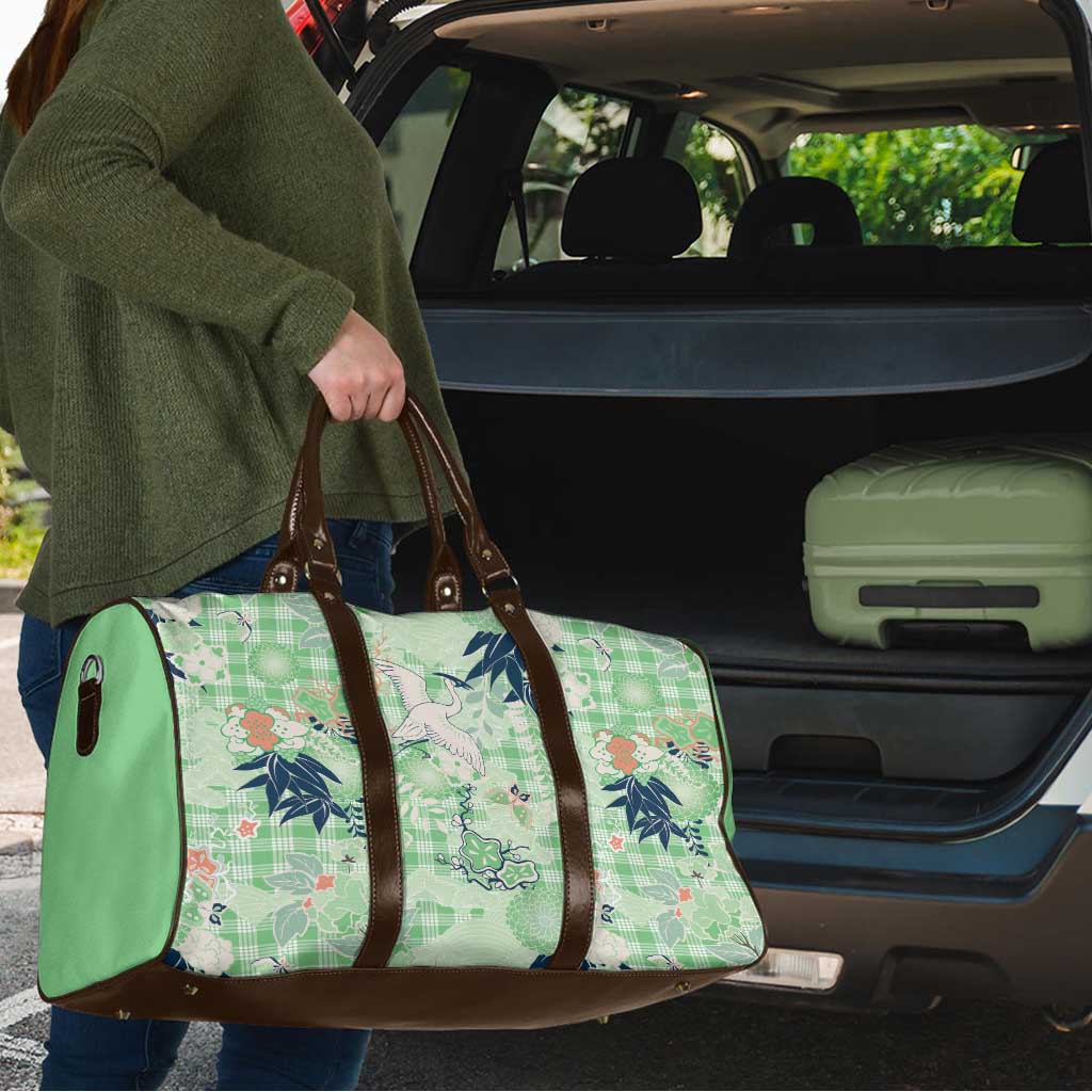 Green Palaka Crane and Flowers Travel Bag Japan Heritage Spirit - Polynesian Pride