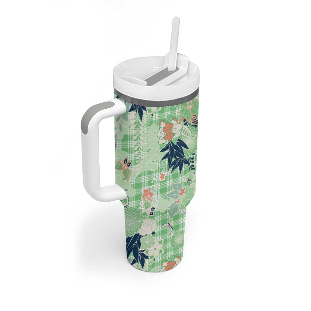 Green Palaka Crane and Flowers Tumbler With Handle Japan Heritage Spirit - Polynesian Pride