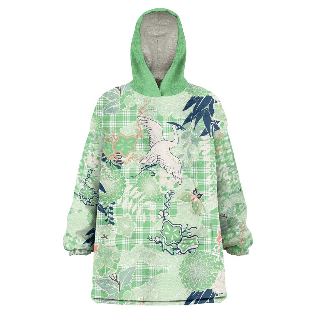 Green Palaka Crane and Flowers Wearable Blanket Hoodie Japan Heritage Spirit - Polynesian Pride