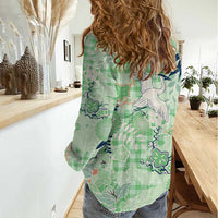 Green Palaka Crane and Flowers Women Casual Shirt Japan Heritage Spirit - Polynesian Pride