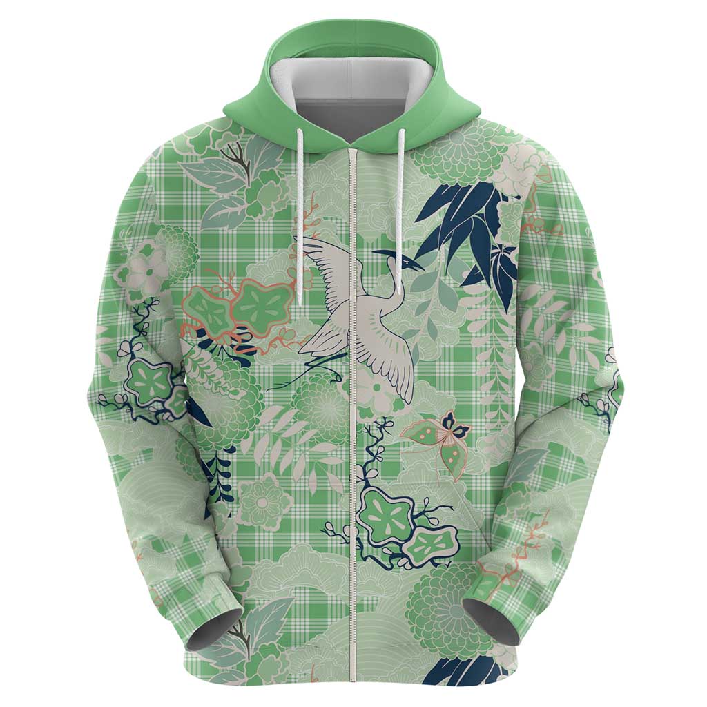 Green Palaka Crane and Flowers Zip Hoodie Japan Heritage Spirit LT9 - Polynesian Pride