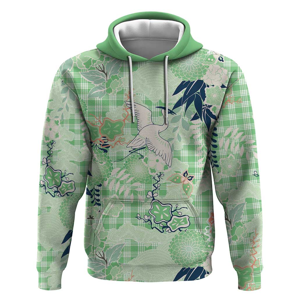Green Palaka Crane and Flowers Zip Hoodie Japan Heritage Spirit LT9 Pullover Hoodie Green - Polynesian Pride