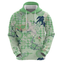 Green Palaka Crane and Flowers Zip Hoodie Japan Heritage Spirit LT9 - Polynesian Pride