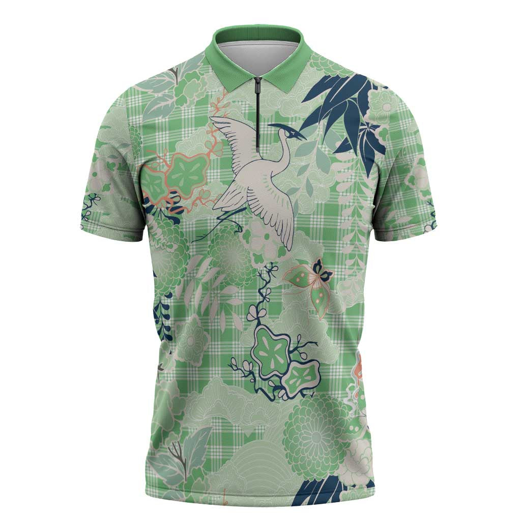 Green Palaka Crane and Flowers Zipper Polo Shirt Japan Heritage Spirit - Polynesian Pride