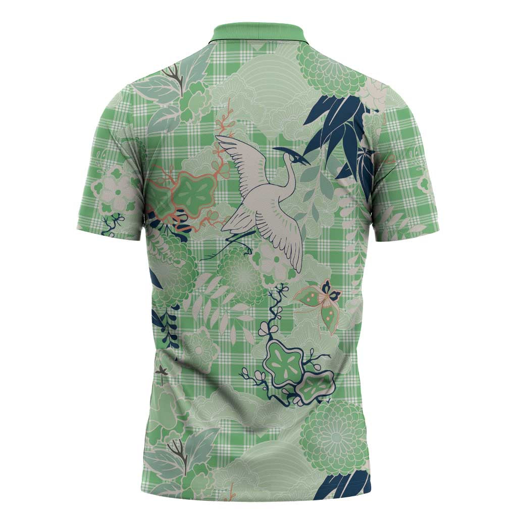 Green Palaka Crane and Flowers Zipper Polo Shirt Japan Heritage Spirit - Polynesian Pride
