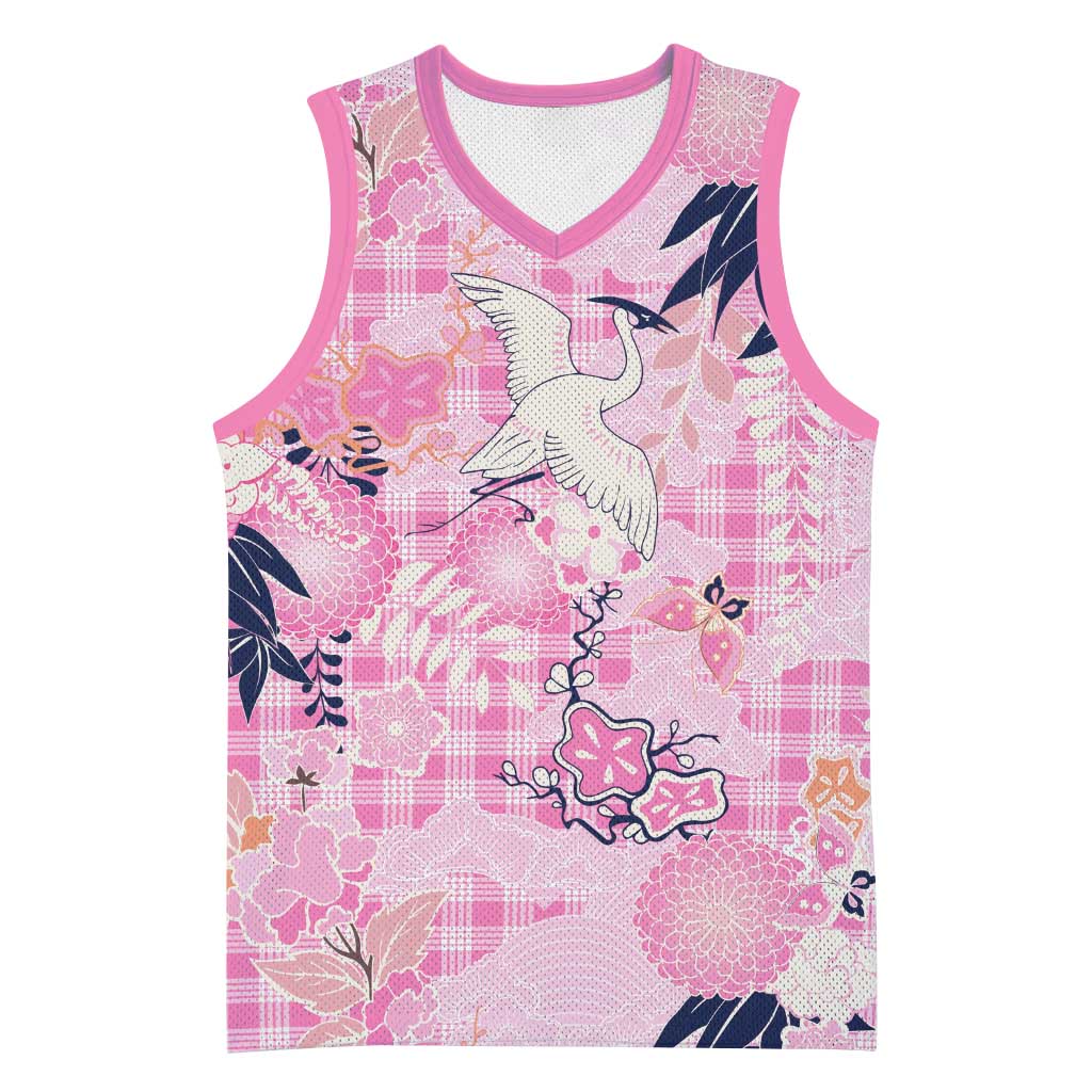 Pink Palaka Crane and Flowers Basketball Jersey Japan Heritage Spirit - Polynesian Pride