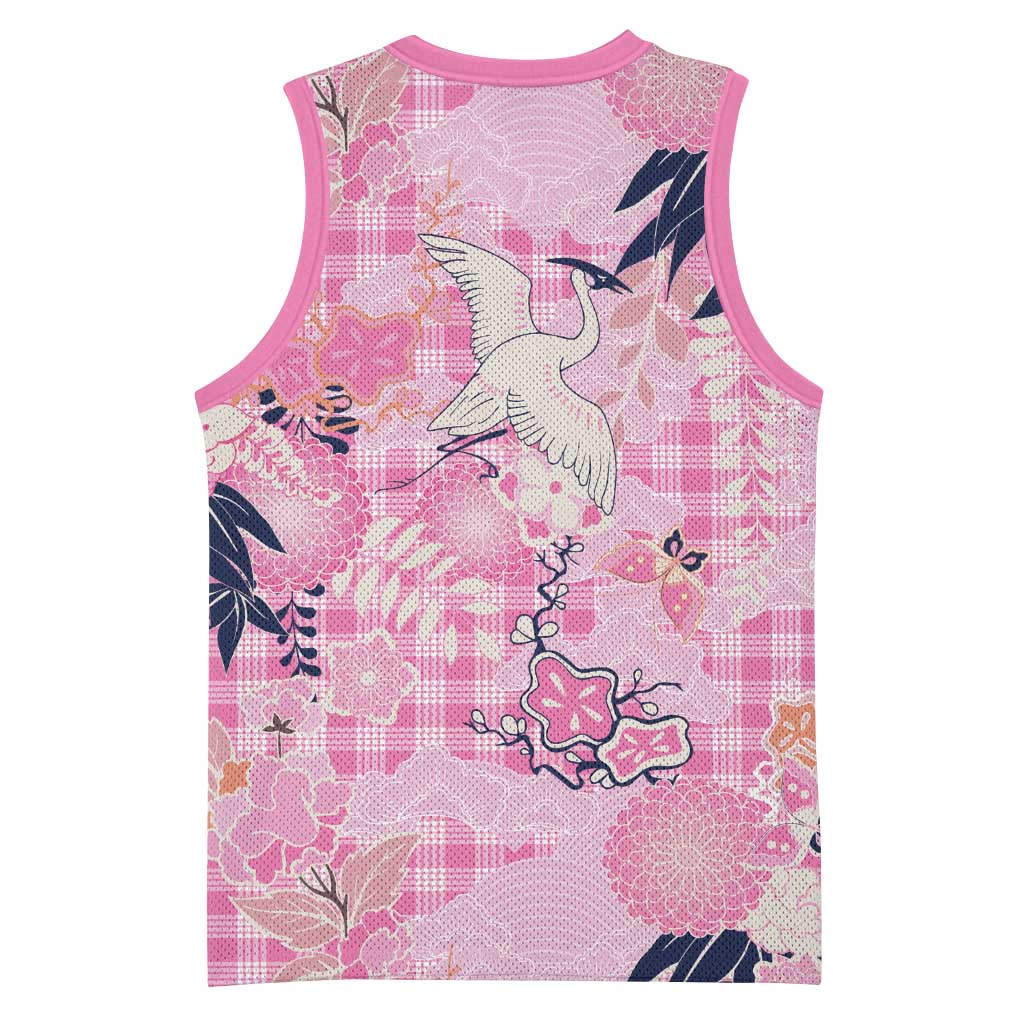 Pink Palaka Crane and Flowers Basketball Jersey Japan Heritage Spirit - Polynesian Pride